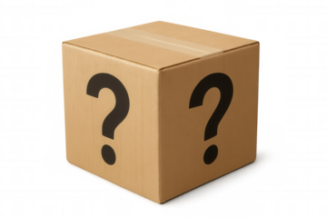 Cardboard box featuring large question marks on sides, symbolizing mystery and uncertainty against transparent background