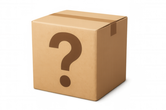 Cardboard box bearing question mark, symbolizing mystery and uncertainty against transparent backdrop