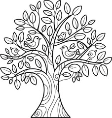 Obraz premium Whimsical hand drawn outline of a stylized tree with birds perched on its branches perfect for coloring pages and children s illustrations