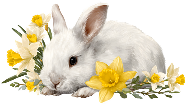 White Rabbit with Daffodils, isolated on transparent background