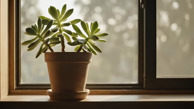 Close-up of a healthy green succulent plant in a terracotta pot on a windowsill bathed in soft