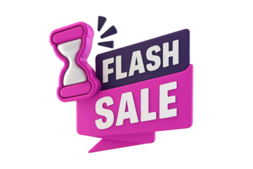 Pink hourglass and flash sale banner with white text indicating a limited time offer isolated on transparent background
