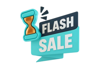 3d hourglass symbol next to a teal and black flash sale banner with white text isolated on transparent background