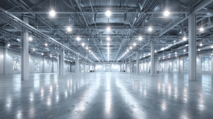 Bright Spacious Industrial Interior: Empty Warehouse or Factory with Polished Concrete Floor and Metal Structure