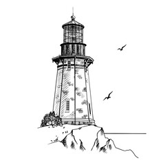Lighthouse. Hand drawn sketch vector. Ancient architecture