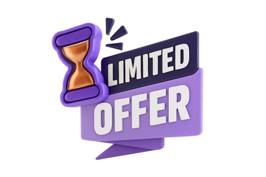 3d illustration of a purple hourglass next to a purple and white limited offer banner isolated on transparent background