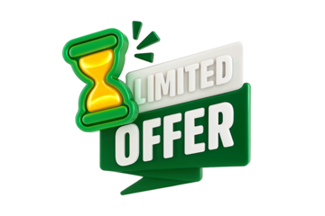 3d illustration of a green and white limited offer banner with an hourglass symbol isolated on transparent background