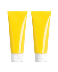 Yellow plastic cosmetic tubes with white flip caps, front and back view on transparent background, clean packaging mockup