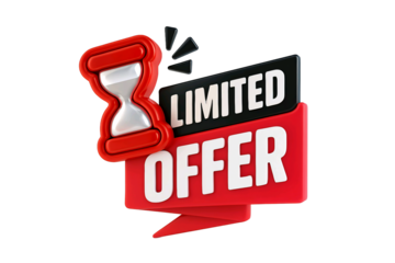 3d hourglass and red banner with text limited offer isolated on transparent background