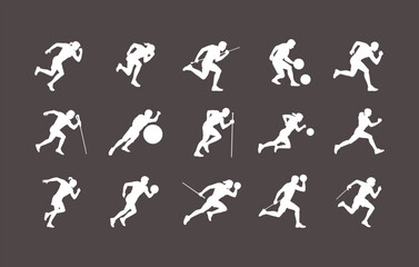 High-quality sports silhouettes vector collection featuring basketball, baseball, hockey, running, tennis, volleyball, and athletic players in action