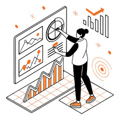 Woman analyzing data visualization on isometric screen, Insightful overview of business analytics dashboard with woman interacting with charts