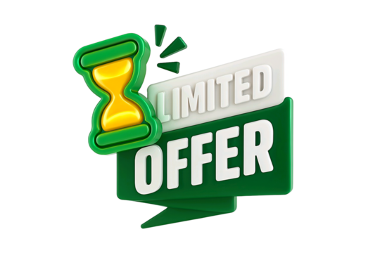 3d illustration of a green and white limited offer banner with an hourglass symbol isolated on transparent background