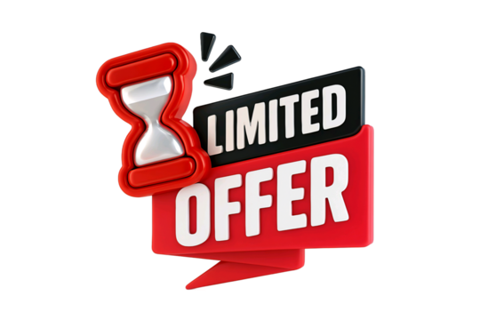 3d hourglass and red banner with text limited offer isolated on transparent background - Powered by Adobe