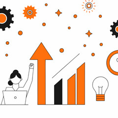 Successful businesswoman celebrating progress with upward arrow, Creative business and success illustration with rising arrow