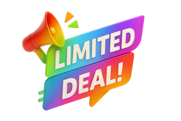 Colorful megaphone announcing a limited deal with vibrant text and abstract shapes isolated on transparent background
