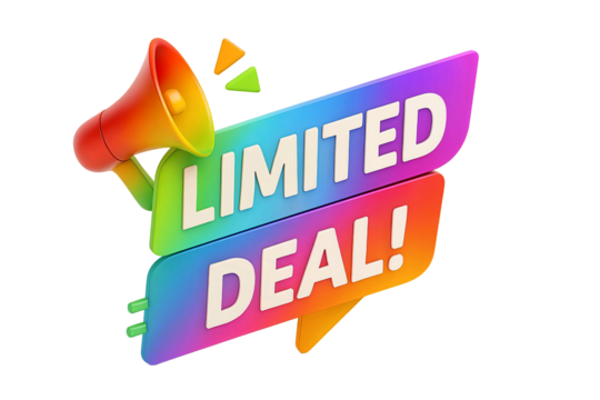 Colorful megaphone announcing a limited deal with vibrant text and abstract shapes isolated on transparent background