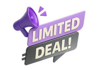 3d illustration of a purple megaphone announcing a limited deal with text on speech bubbles isolated on transparent background