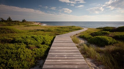 Coastal Boardwalk Leading to Ocean, Scenic Landscape with Greenery and Sky, Serene Vacation Destination