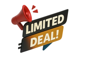 Red megaphone announcing a limited deal with bold white and orange text on a dark banner isolated on transparent background