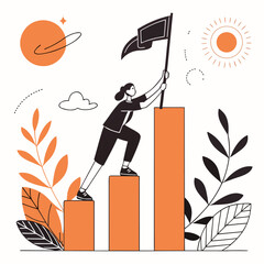 Reaching the summit: A woman plants the flag on top of a successful career graph,Visual metaphor of personal and professional achievement with illustration design