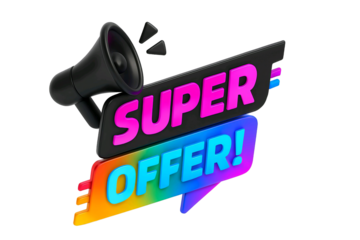 Black megaphone announcing a vibrant super offer with colorful text isolated on transparent background