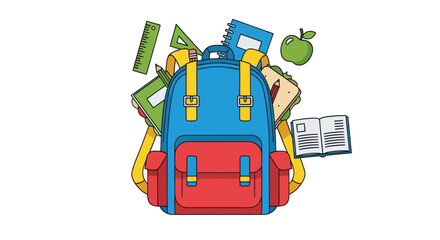 Fototapeta premium Colorful Backpack Filled with School Supplies and an Apple.