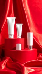 White cosmetic tubes and pump bottle on red podium, draped fabric