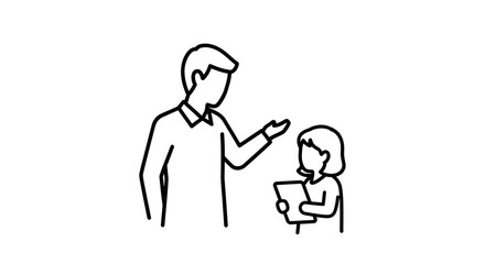 A man and a child engaged in a conversation with the child holding a tablet.