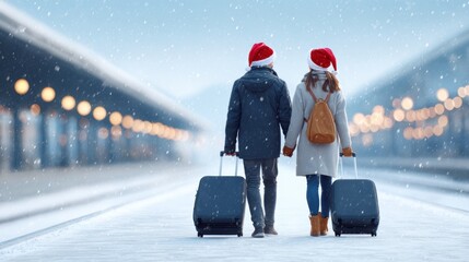 Couple wearing festive hats, holding hands while pulling luggage through snowy train station, surrounded by soft bokeh lights, evoking holiday travel spirit and winter romance