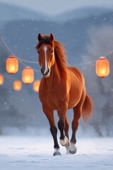 Majestic chestnut horse galloping through soft snow, illuminated by glowing lanterns, creating a serene winter atmosphere with a backdrop of distant mountains