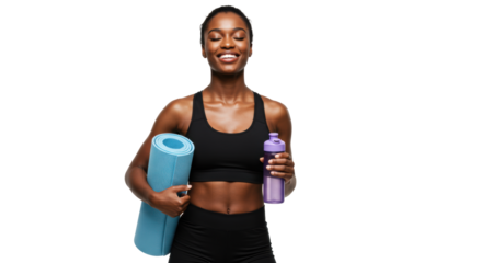 Young dark-skinned woman in black activewear with ponytail, holding yoga mat and water bottle, eyes closed, wide smile on transparent studio background, post-workout wellness and joy concept
