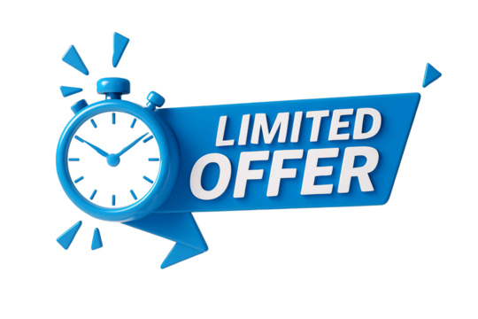 Blue limited offer banner with a stopwatch icon signifying urgency and time sensitive promotions isolated on transparent background
