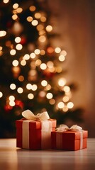 Red gift boxes with white ribbons are placed on a wooden table, beautifully illuminated by soft bokeh lights from a Christmas tree in the background, creating a festive atmosphere
