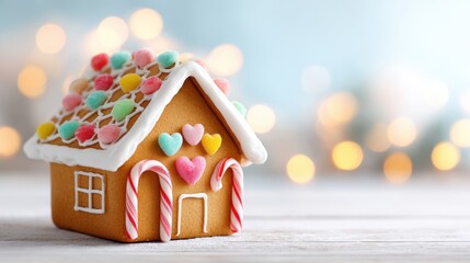 Gingerbread house decorated with colorful candies and icing, set against a blurred background of soft lights, evoking a festive and cozy holiday atmosphere
