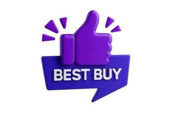 Purple 3d thumbs up icon with best buy speech bubble isolated on transparent background