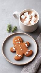 Gingerbread cookie with smiling face on a gray plate beside a cup of hot chocolate topped with marshmallows, creating a cozy winter atmosphere for festive enjoyment