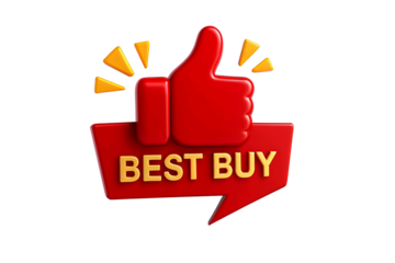 Red 3d thumbs up icon with best buy badge and yellow rays isolated on transparent background