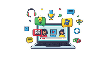 Diverse students engage in online learning via laptop with educational icons.