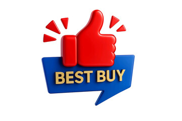 Red thumbs up symbol and blue speech bubble with text best buy isolated on transparent background