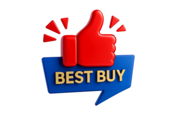 Red thumbs up symbol and blue speech bubble with text best buy isolated on transparent background