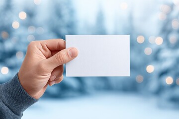 Hand holding a blank white card in front of a blurred winter landscape with soft bokeh lights, creating a serene and inviting atmosphere for seasonal greetings