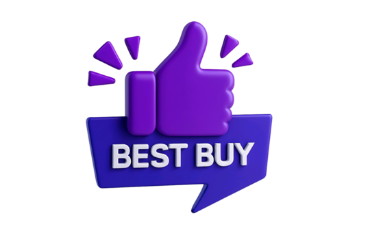Purple 3d thumbs up icon with best buy speech bubble isolated on transparent background