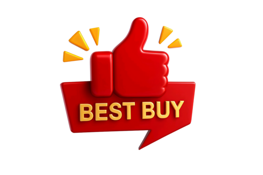 Red 3d thumbs up icon with best buy badge and yellow rays isolated on transparent background