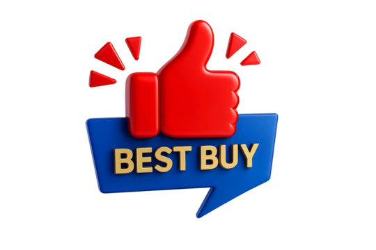 Red thumbs up symbol and blue speech bubble with text best buy isolated on transparent background