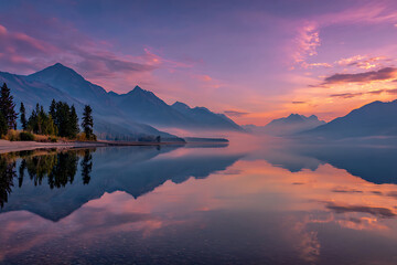 Fototapeta premium Pastel Dawn Over a Misty Mountain Lake with a Perfect Glassy Reflection