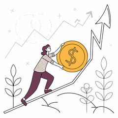Character climbing graph with dollar coin illustrating financial growth concept, Visual depiction of business progress with person scaling rising graph