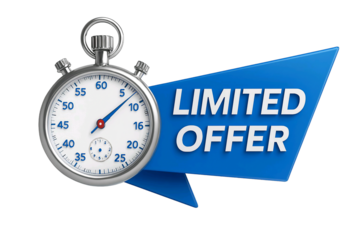 Vintage stopwatch next to a blue banner with the words limited offer isolated on transparent background