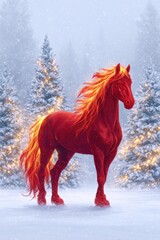 Majestic red horse stands gracefully in a snowy forest, surrounded by evergreen trees adorned with twinkling lights, creating a magical winter wonderland atmosphere