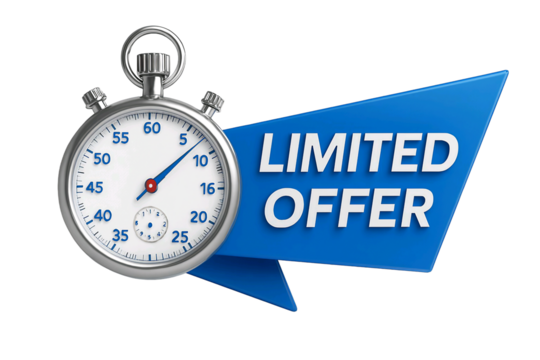 Vintage stopwatch next to a blue banner with the words limited offer isolated on transparent background