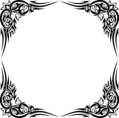 Ornamental tribal frame vector design with decorative black corner patterns in symmetrical style, perfect for tattoo templates, invitations, borders, or vintage decorative artwork.